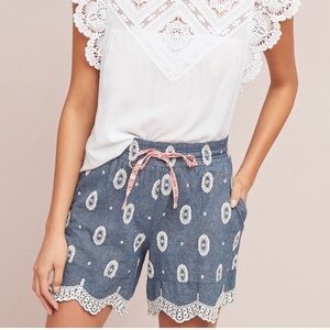 Anthropologie Ett:twa Embroidered Chambray Eyelet Shorts Size Large